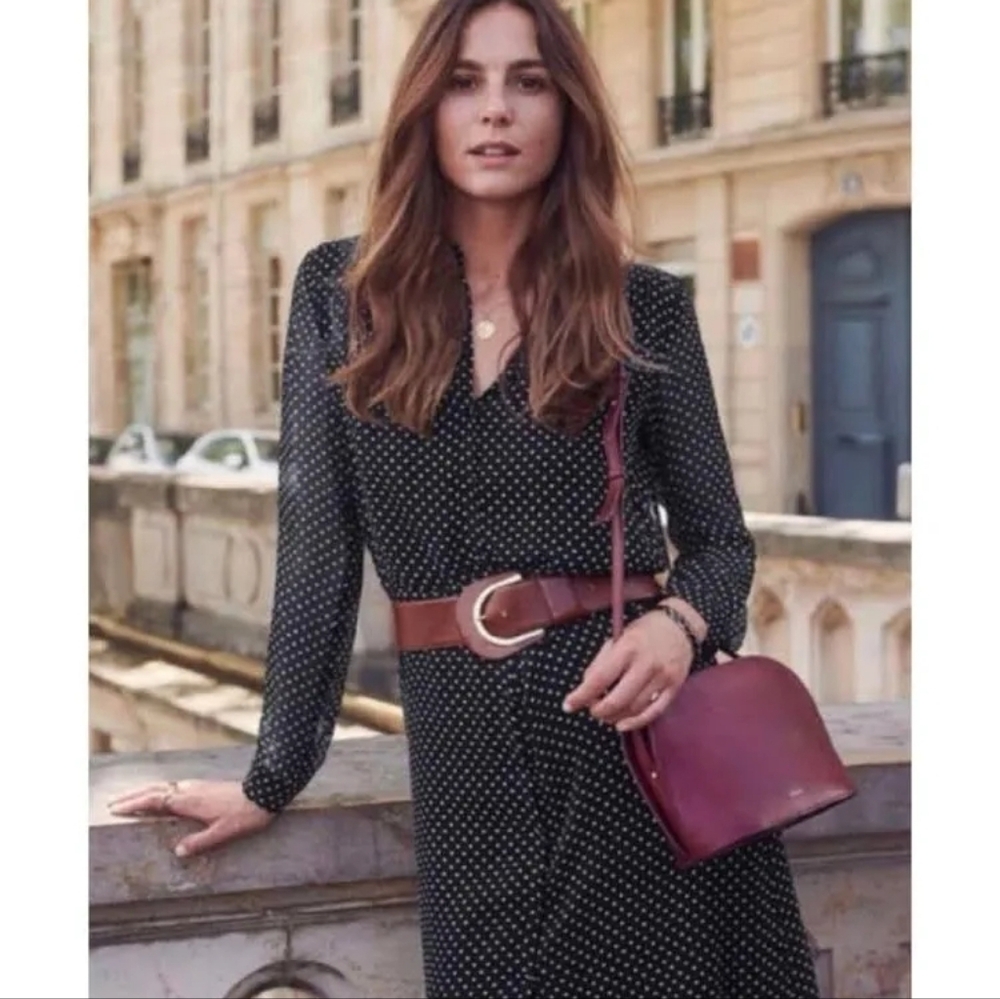 Sezane Black Polka Dot Long Sleeve Midi Dress